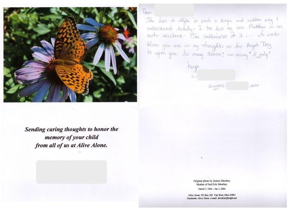Care Note received by Roger & Deb Moroney near the date their son passed away